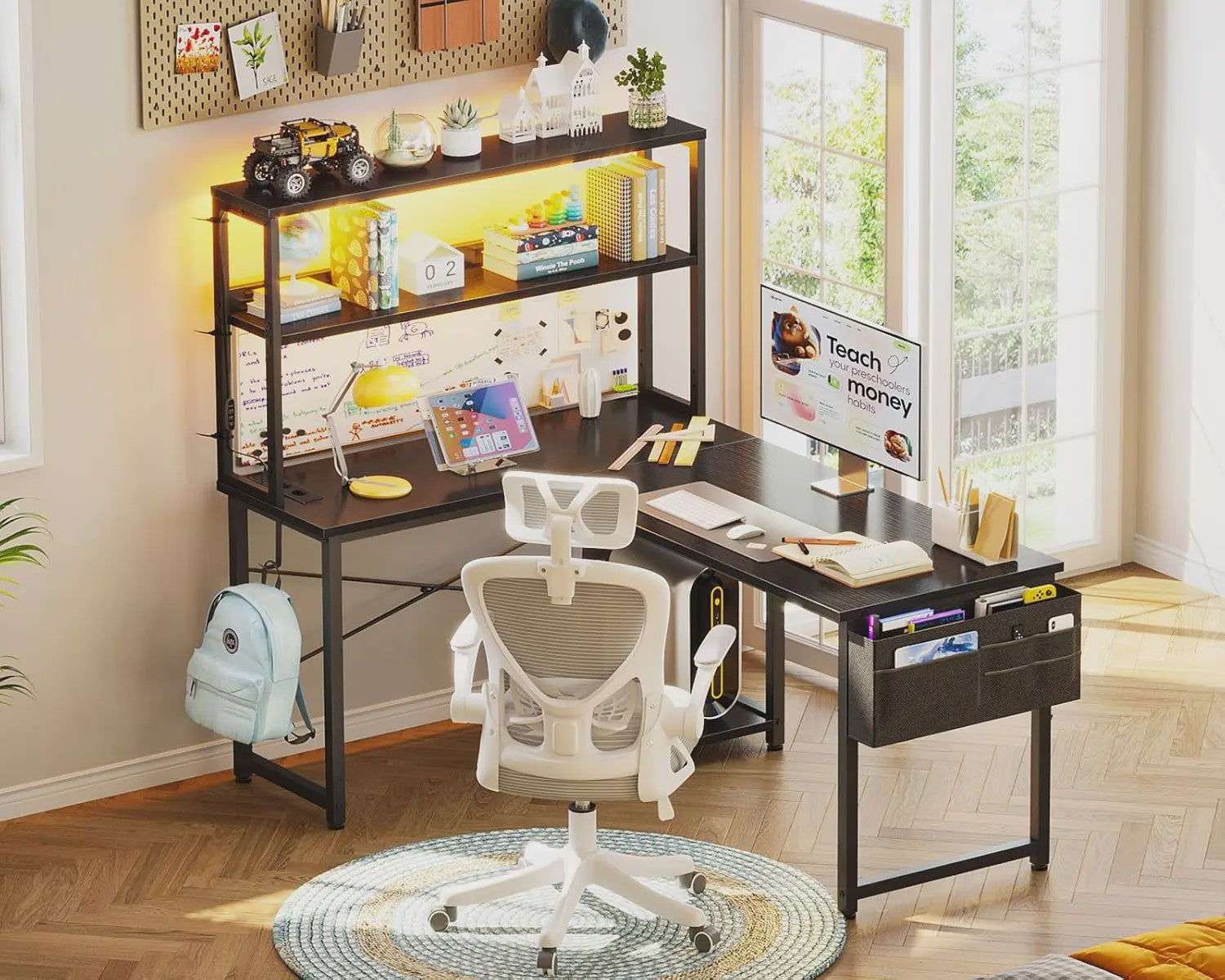 Coleshome L-vormig Gaming Bureau met LED, Stopcontacten & Opbergvak - 110x80cm - Zwart
