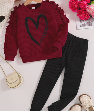 Meisjes Sweater & Broek Set - Lente/Herfst Mode met Hartjes Print en Ruches