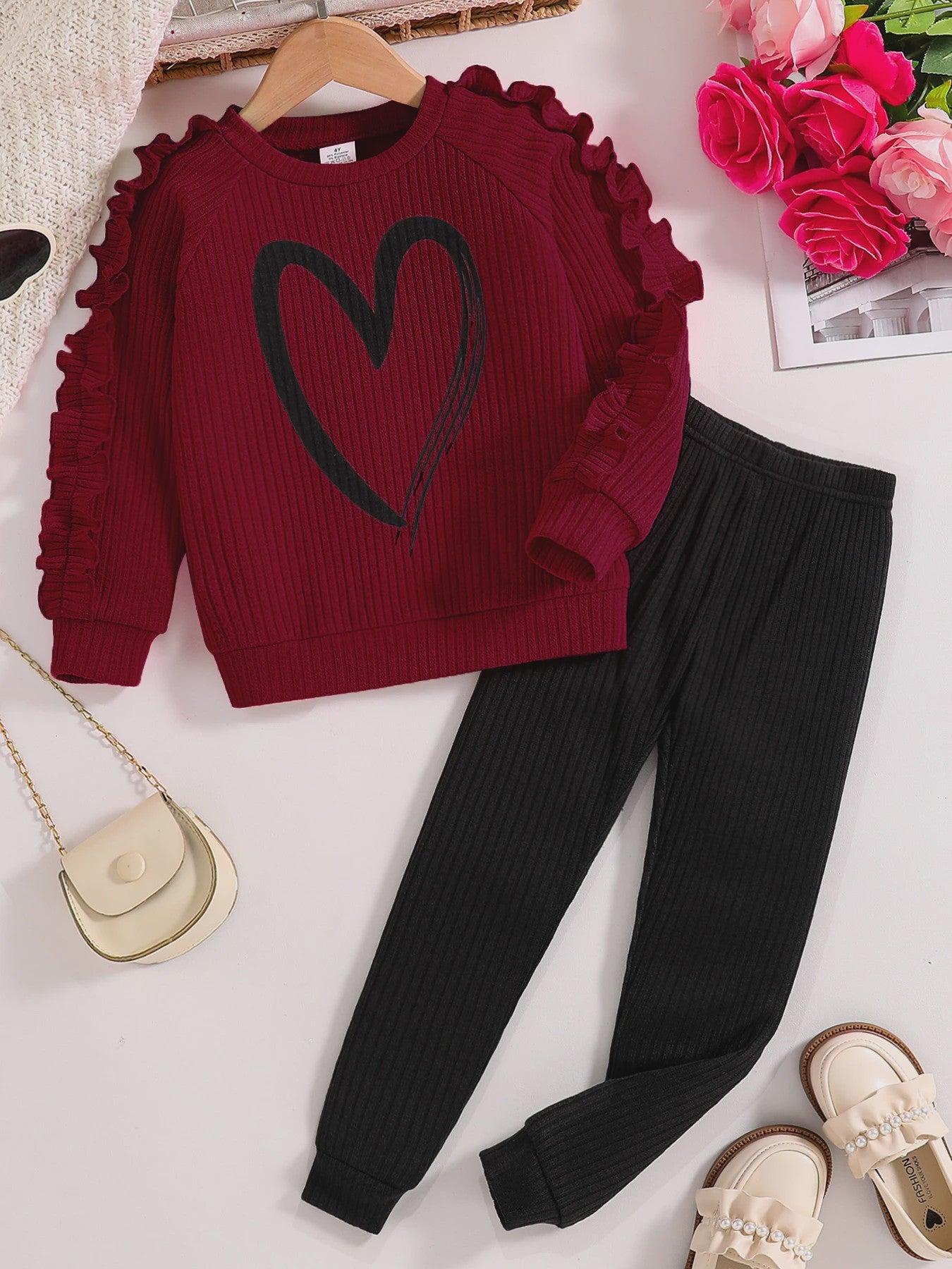 Meisjes Sweater & Broek Set - Lente/Herfst Mode met Hartjes Print en Ruches