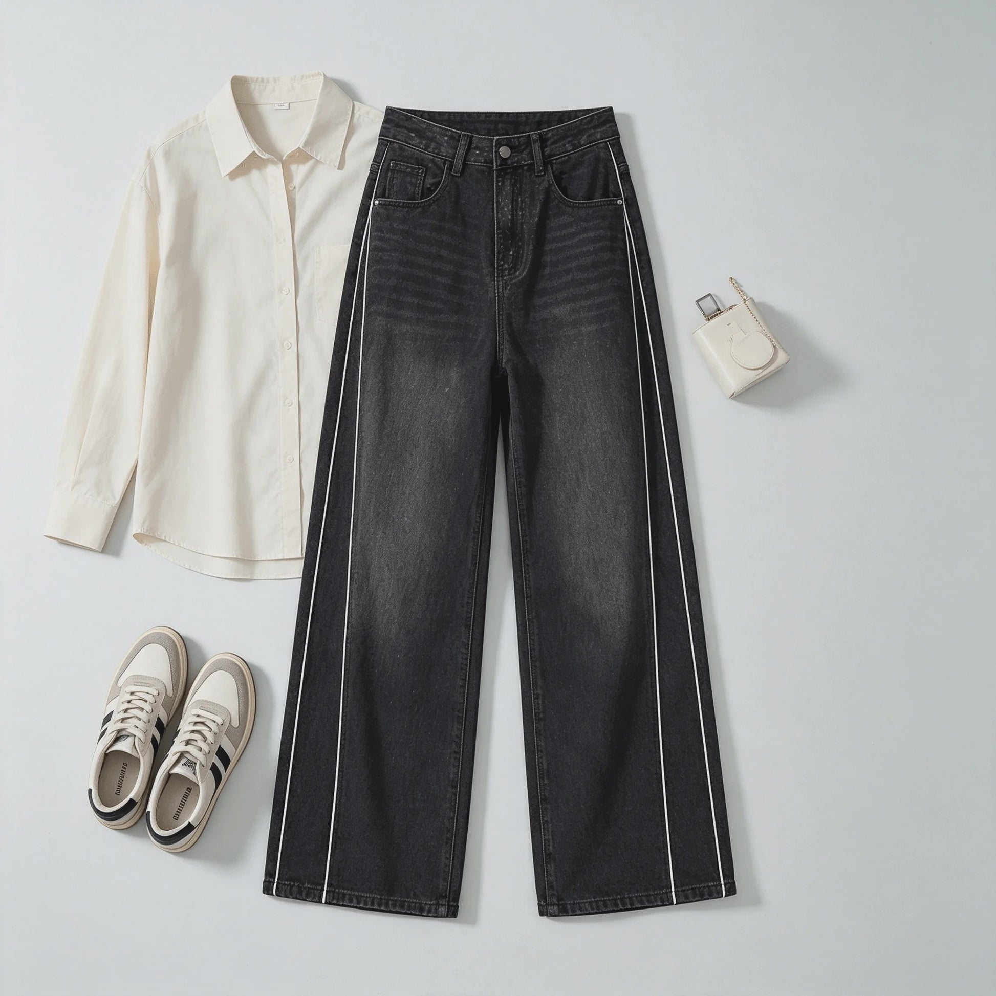 Dames Y2K Jeans met Strass en Wijde Pijpen - Zwart Gewassen Baggy Denim