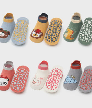 6 Paar Leuke Kinder Sokken met Antislip - Katoen, Ademend & Comfortabel - Schattige Dierenprintjes
