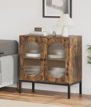 Industriële Buffetkast met Geribbelde Glazen Deuren - Hout & Metaal