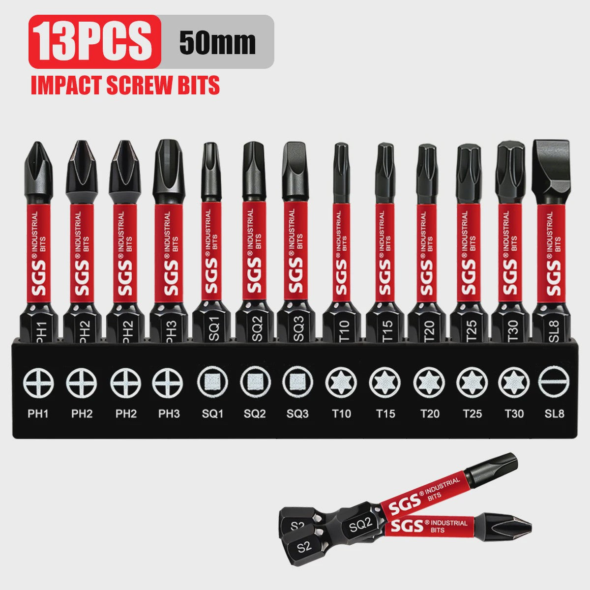 50mm Magnetische Schroefbit Set (10-delig) - S2 Staal - 1/4" Hex Shank