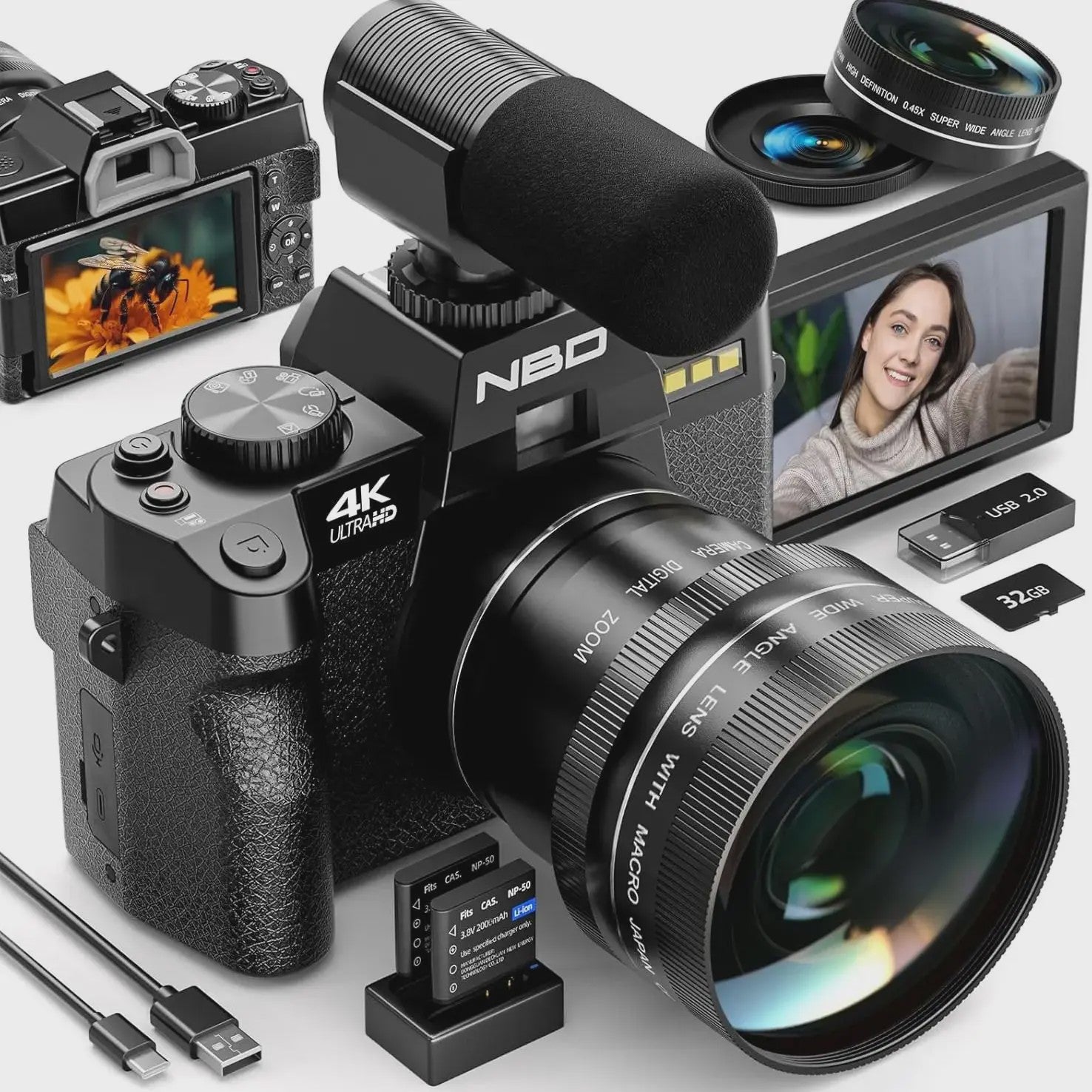 4K Digitale Camera 48MP met 16x Zoom, Draaibaar Scherm & Macro Lens voor Vlogging