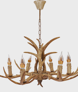 Vintage Herten Gewei Kroonluchter - 6-Lichts Hanglamp in Bruin