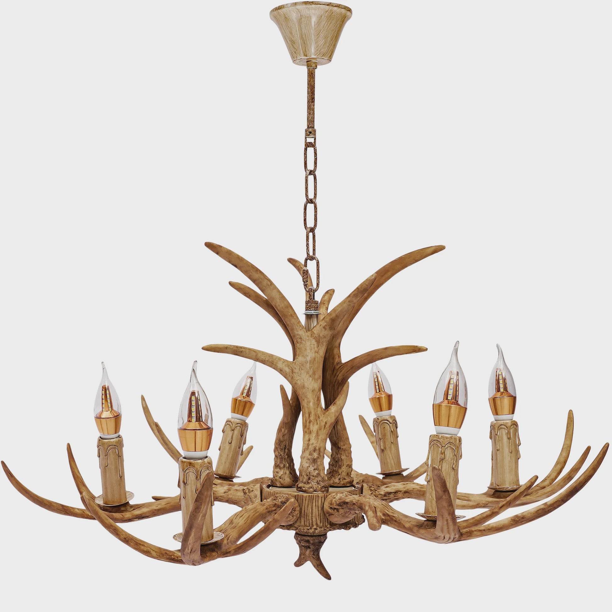 Vintage Herten Gewei Kroonluchter - 6-Lichts Hanglamp in Bruin