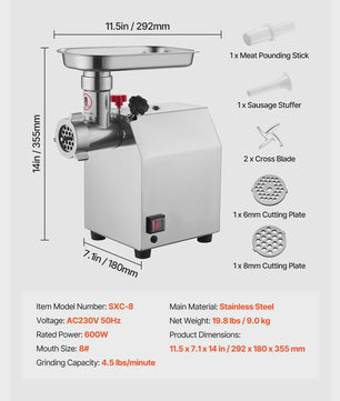 Professionele Elektrische Vleesmolen & Worstmaker - 4.5 tot 9.2 Lbs/Min