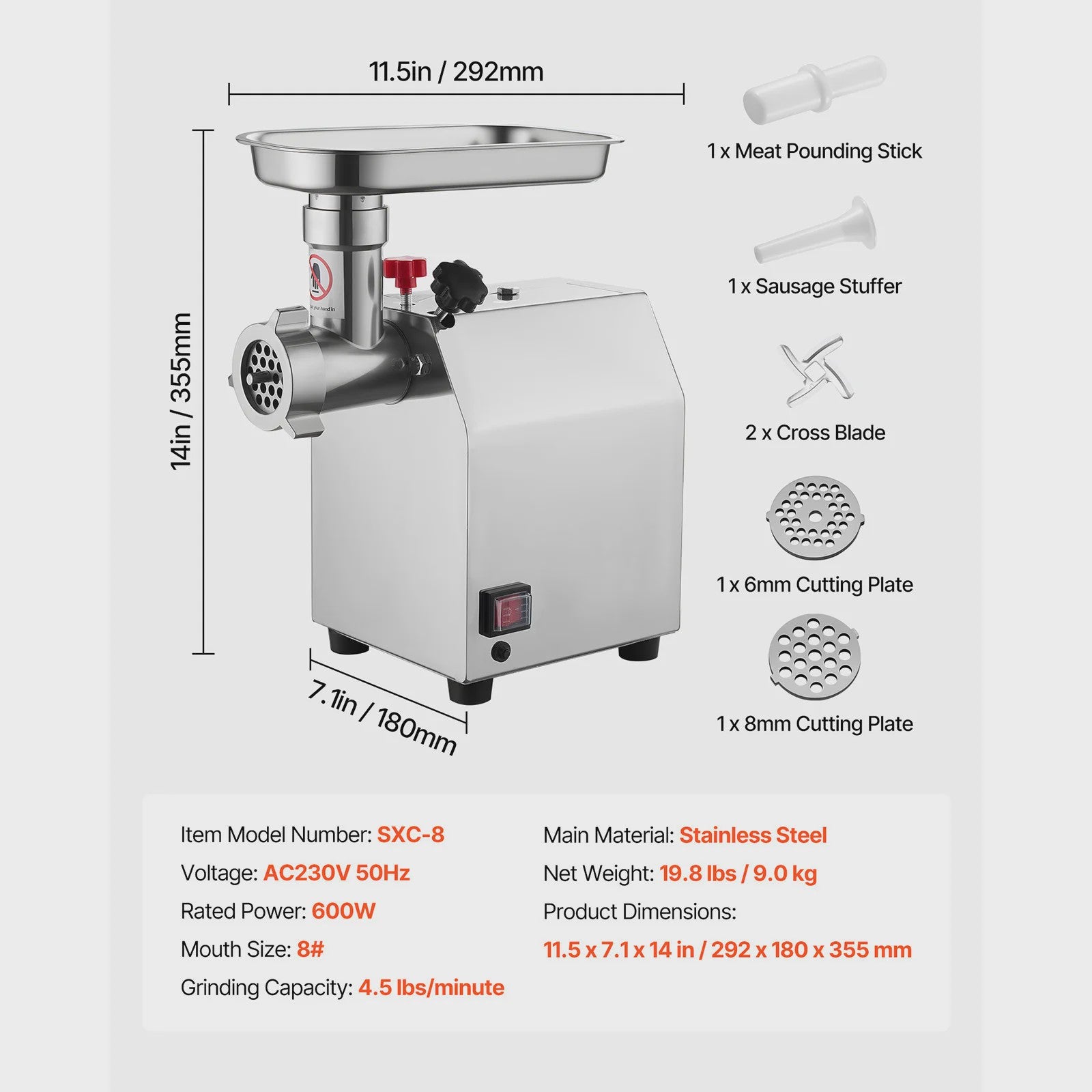 Professionele Elektrische Vleesmolen & Worstmaker - 4.5 tot 9.2 Lbs/Min