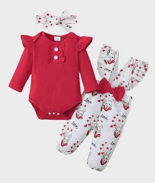 Schattige Baby Meisjes Outfit 3-Delig: Rood Ruffle Romper, Broekje & Haarband met Konijntjes