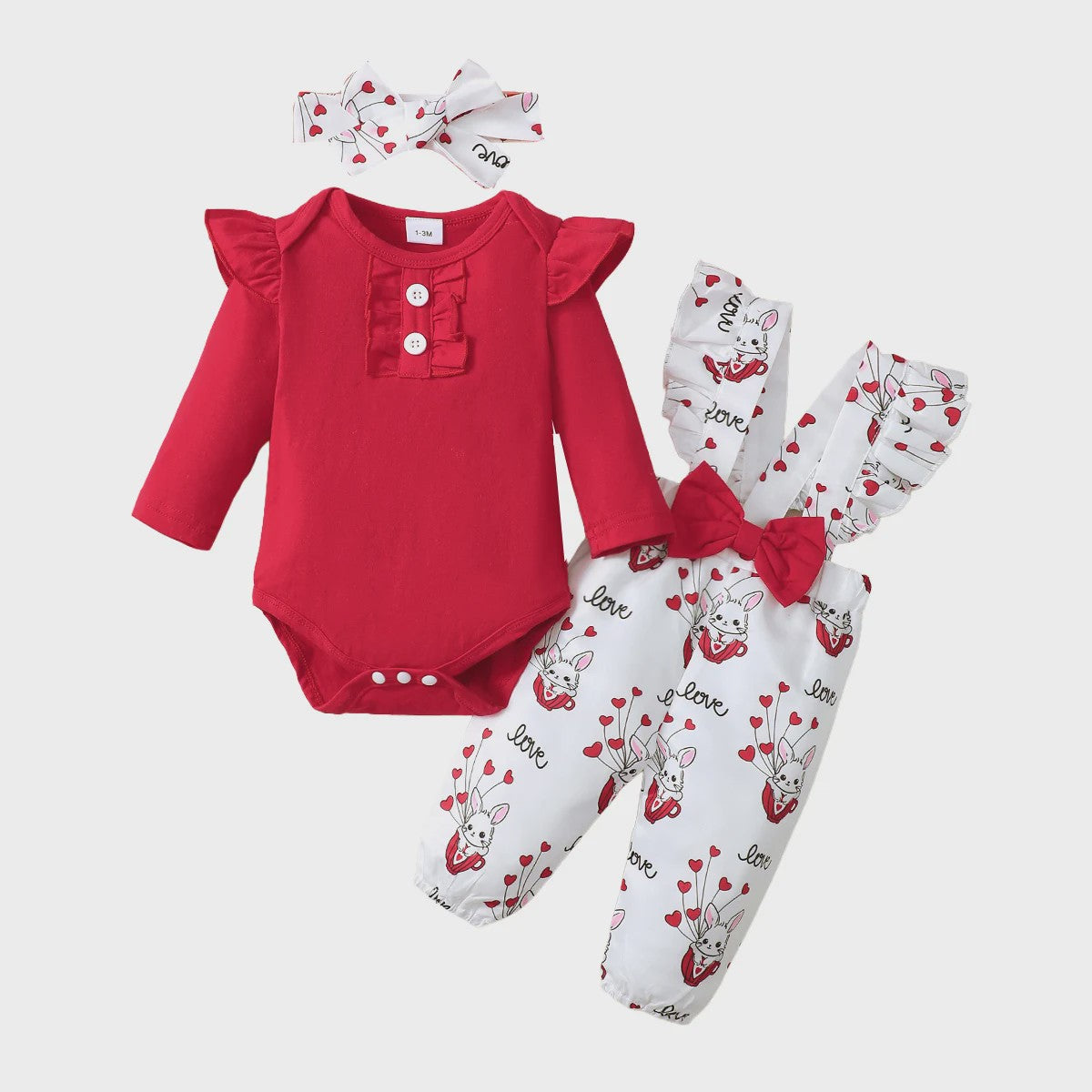 Schattige Baby Meisjes Outfit 3-Delig: Rood Ruffle Romper, Broekje & Haarband met Konijntjes