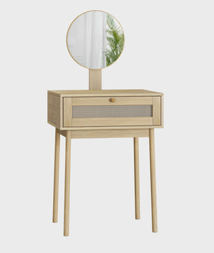 Houten Make-up Tafel met Rotan Ladefront en Ronde Spiegel - Stijlvolle Kaptafel
