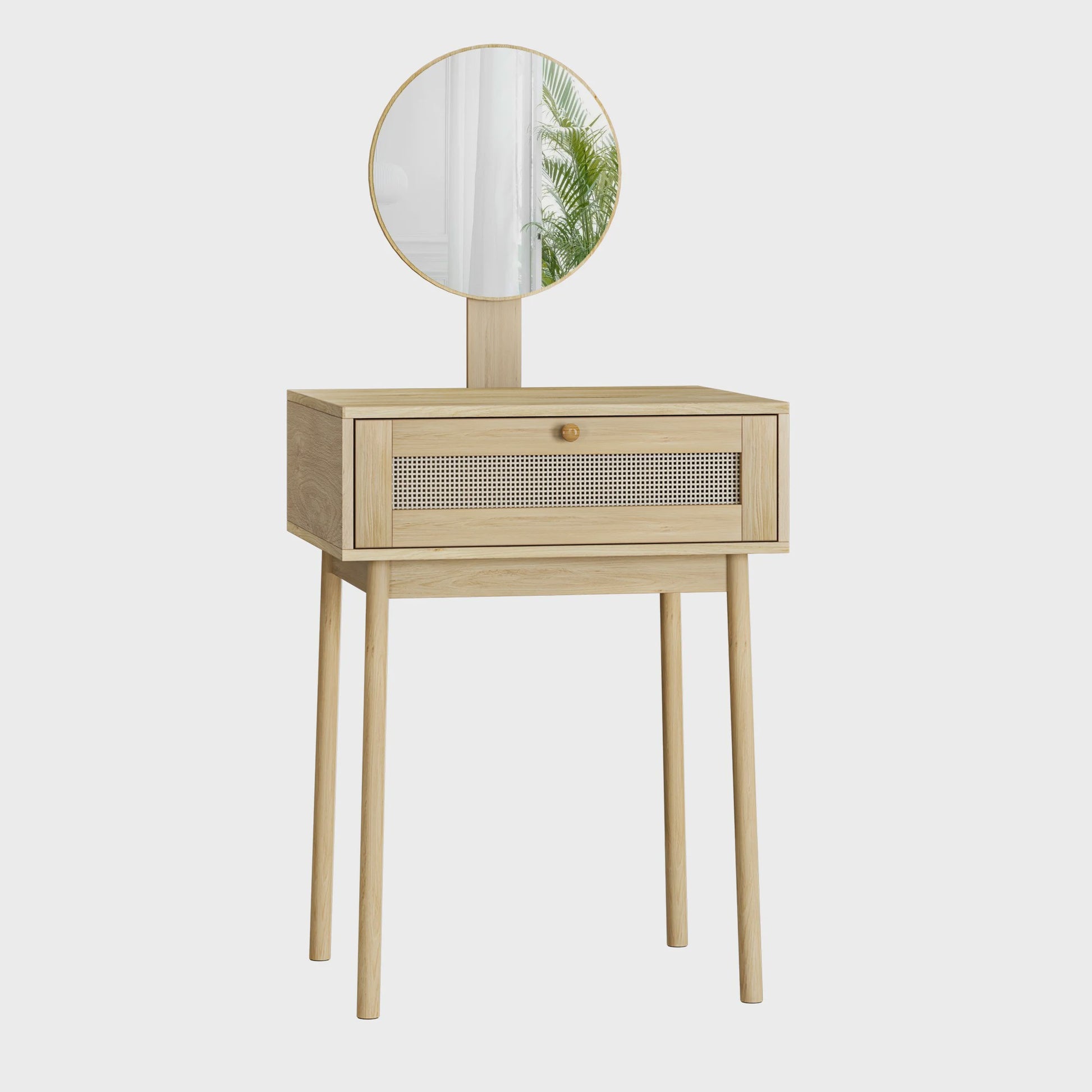 Houten Make-up Tafel met Rotan Ladefront en Ronde Spiegel - Stijlvolle Kaptafel