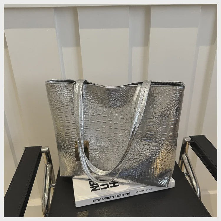 Luxe Dames Handtas Schoudertas Croco Print PU Leer Groot Formaat – Verkrijgbaar in Zilver, Goud, Zwart