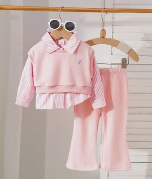 Schattige Baby Meisjes Set: Geborduurd Vest, Gestreept Shirt & Flared Broek