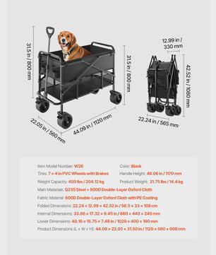 Dubbeldeks inklapbare transportkar - 300L, 450lbs, All-Terrain wielen