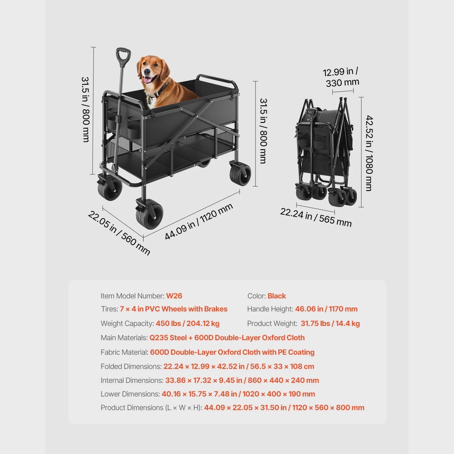 Dubbeldeks inklapbare transportkar - 300L, 450lbs, All-Terrain wielen