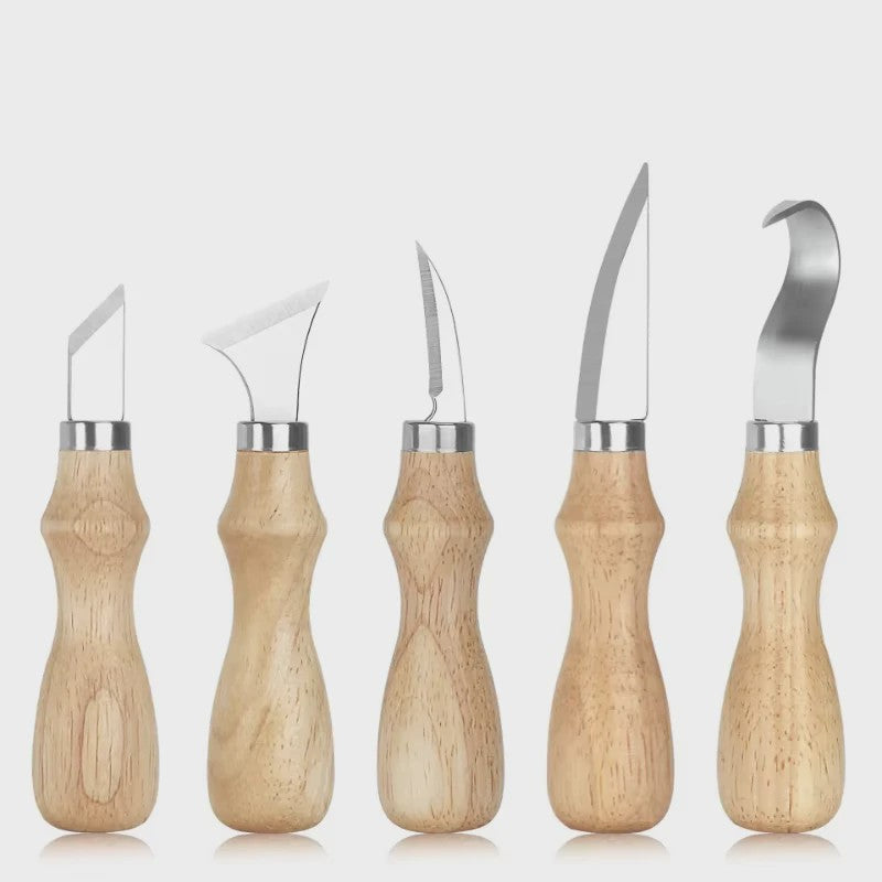 5-delige Houtsnijset met Beukenhouten Handvat - Scherpe Gereedschappen voor Kunst & Ambacht