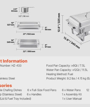 RVS Chafing Dish Buffet Set 8Qt - 4 of 6 Stuks - Catering Warmer met Deksel