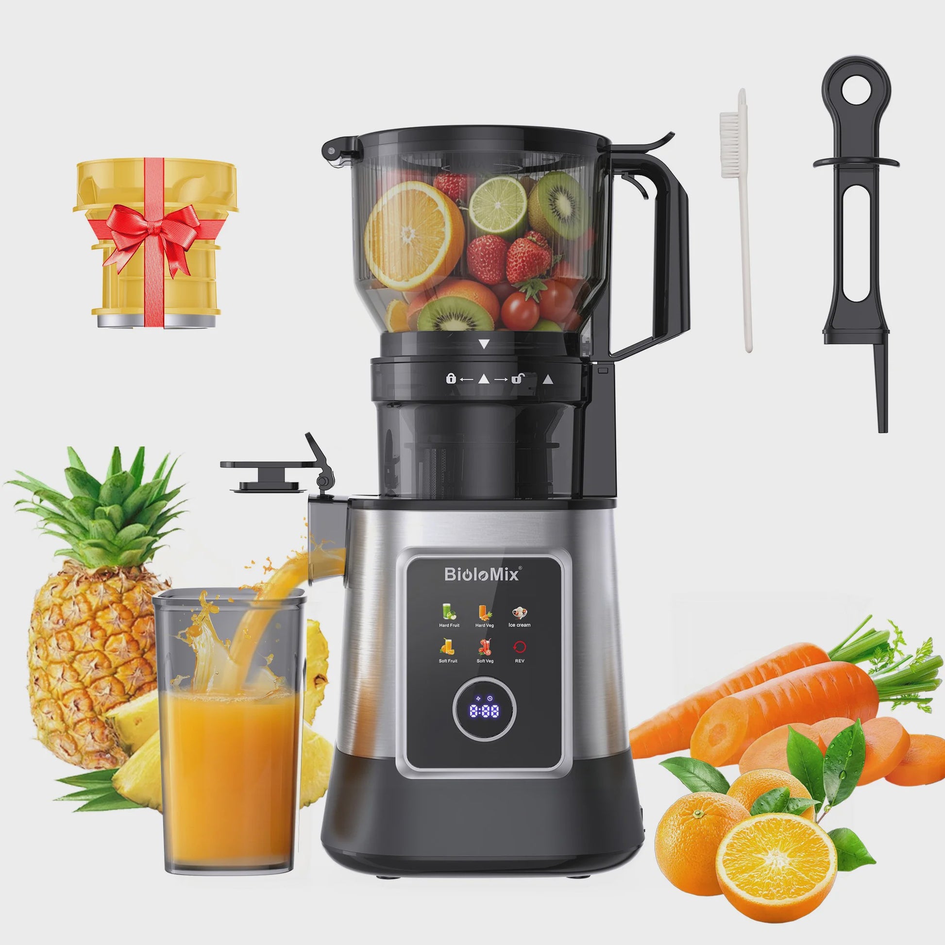 BioloMix 3-in-1 Slow Juicer: Sap, Sorbet & Notenmelk - 150mm Brede Vulopening, 300W Digitaal Display