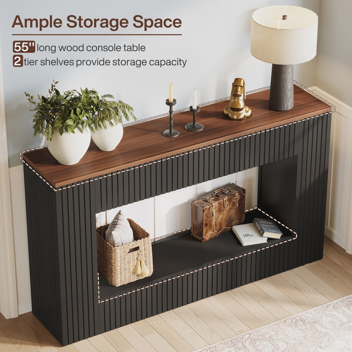 Moderne Console Tafel 140 cm Zwart met Houten Top - Stijlvolle Entree- en Banktafel
