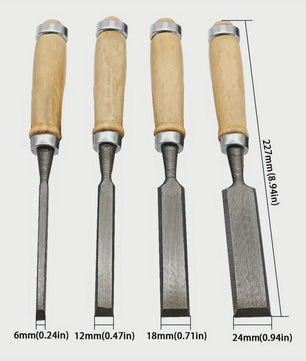 Set van 4 Beitelhoutbeitels met Beukenhouten Handvat - 8/12/16/20mm