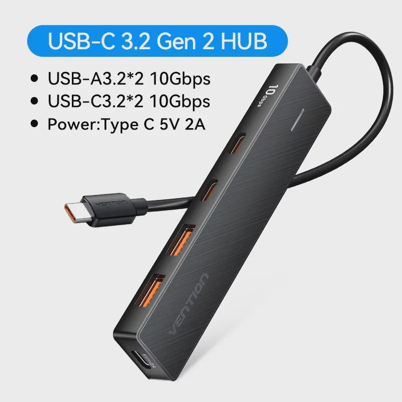 Vention 5-Poorts USB 3.2 Gen2 Hub met 10Gbps Snelheid - USB-A & Type-C Multiport Adapter