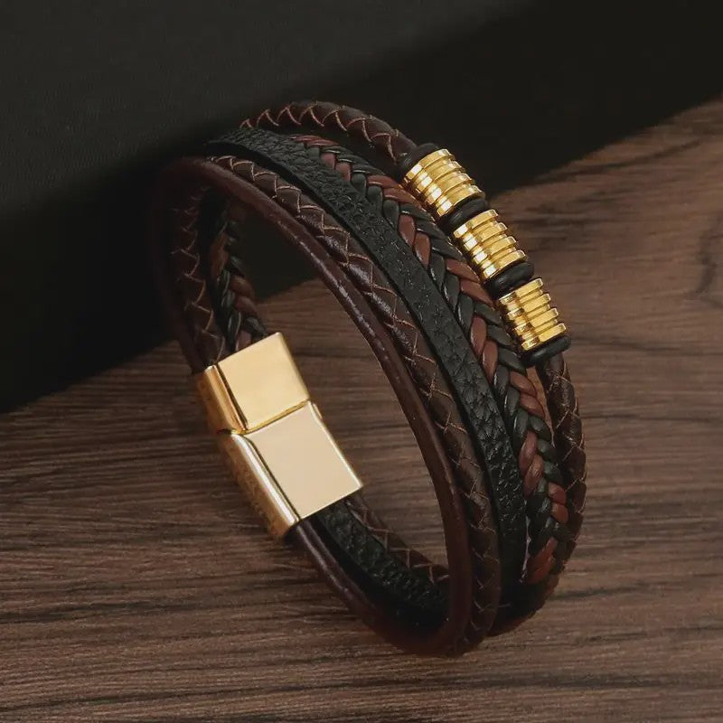 Stijlvolle Heren Armband van Gevlochten Leer - Multi-layer Fashion Accessoire