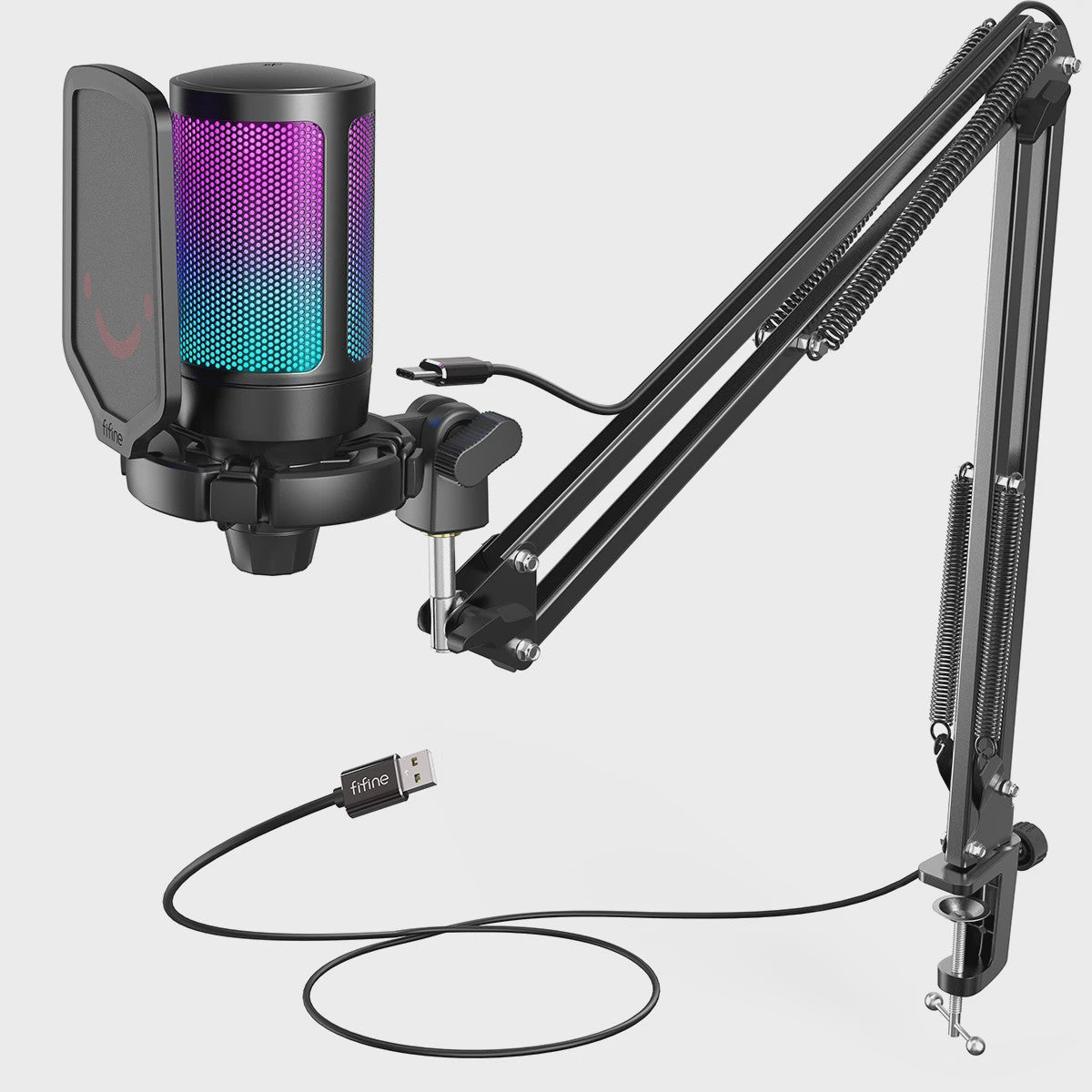 FIFINE A6T Gaming USB Microfoon Set met Arm Stand, RGB & Mute Functie