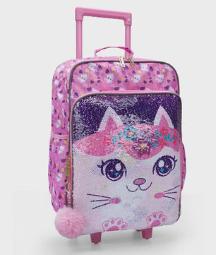 Roze Kinderkoffer met Kattenprint en Pailletten - 18 inch Handbagage
