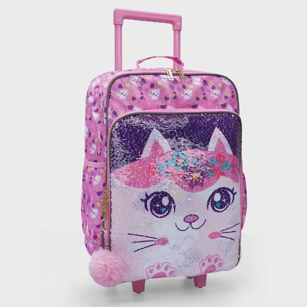 Roze Kinderkoffer met Kattenprint en Pailletten - 18 inch Handbagage