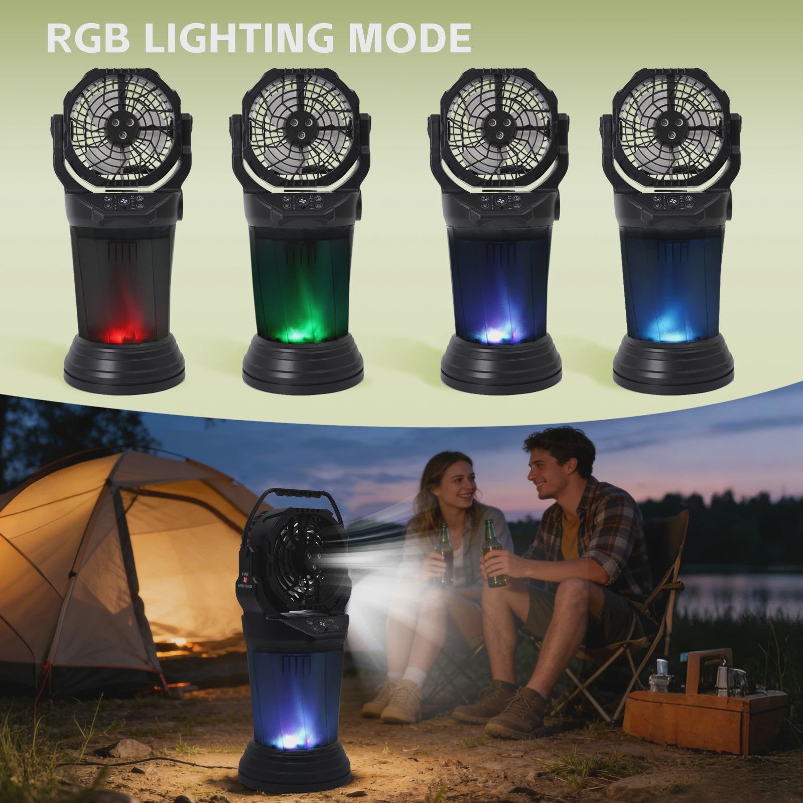 Draagbare Camping Ventilator met Vernevelaar, 2000ml Tank, 15000mAh Batterij & RGB LED Verlichting