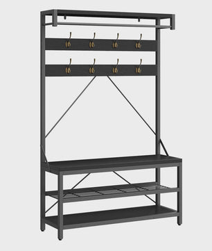 Industriële Kapstok met Schoenenbank en Opbergplanken - 8 Haken, Metaal & Hout-look