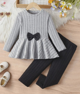 Schattig Kinder Meisjes Set: Lange Mouw Top met Strik en Broek