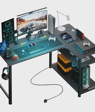 COMHOMA Hoekbureau met Planken, 120cm Gaming PC Bureau met USB Laadpoort en Stopcontact