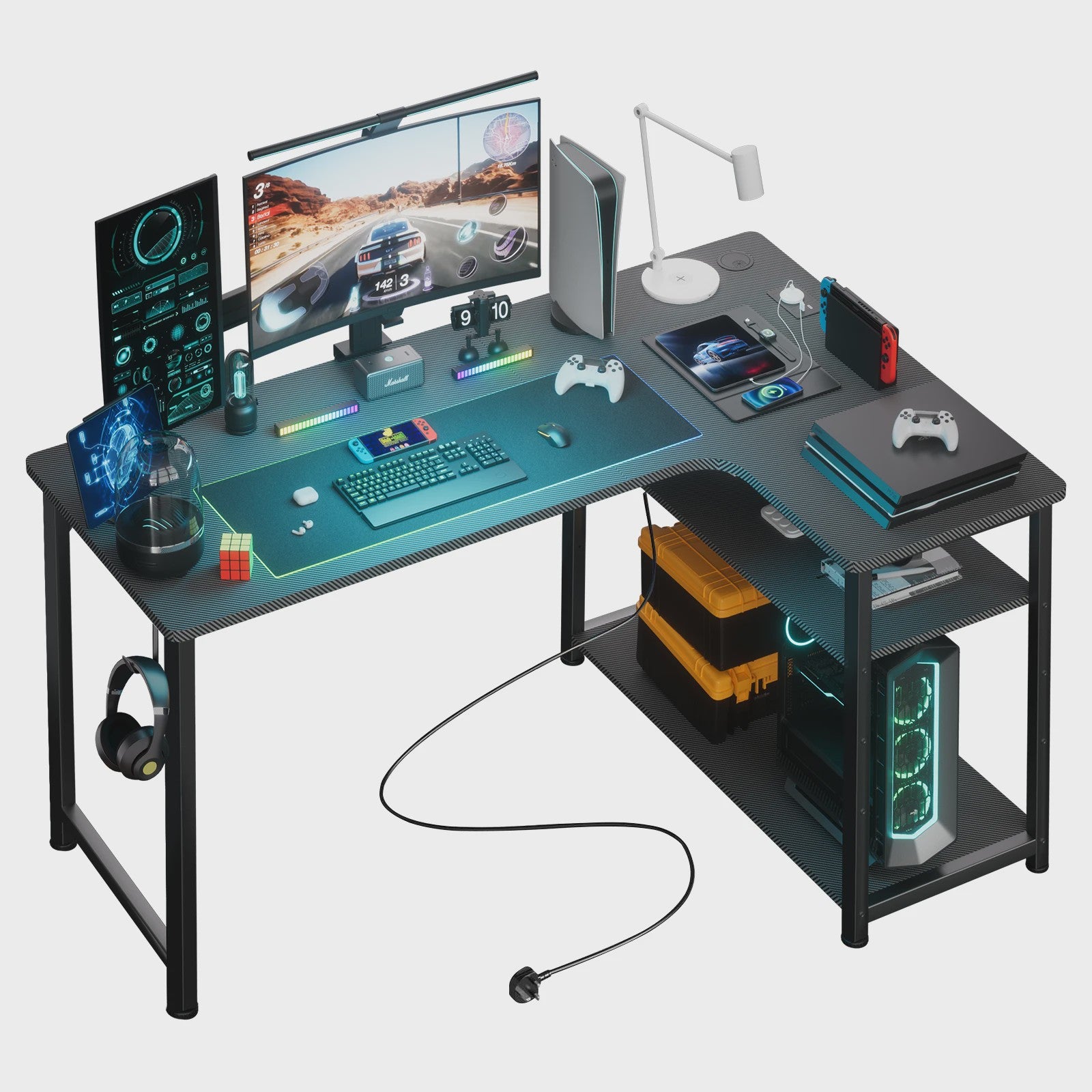 COMHOMA Hoekbureau met Planken, 120cm Gaming PC Bureau met USB Laadpoort en Stopcontact