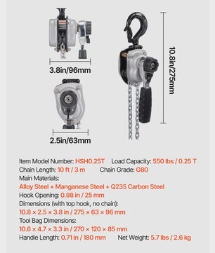 Handkettingtakel 0.5T/0.25T - 5/10/20FT Hefhoogte - G80 Staalketen - Dubbele Rem