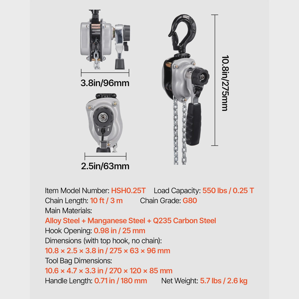Handkettingtakel 0.5T/0.25T - 5/10/20FT Hefhoogte - G80 Staalketen - Dubbele Rem