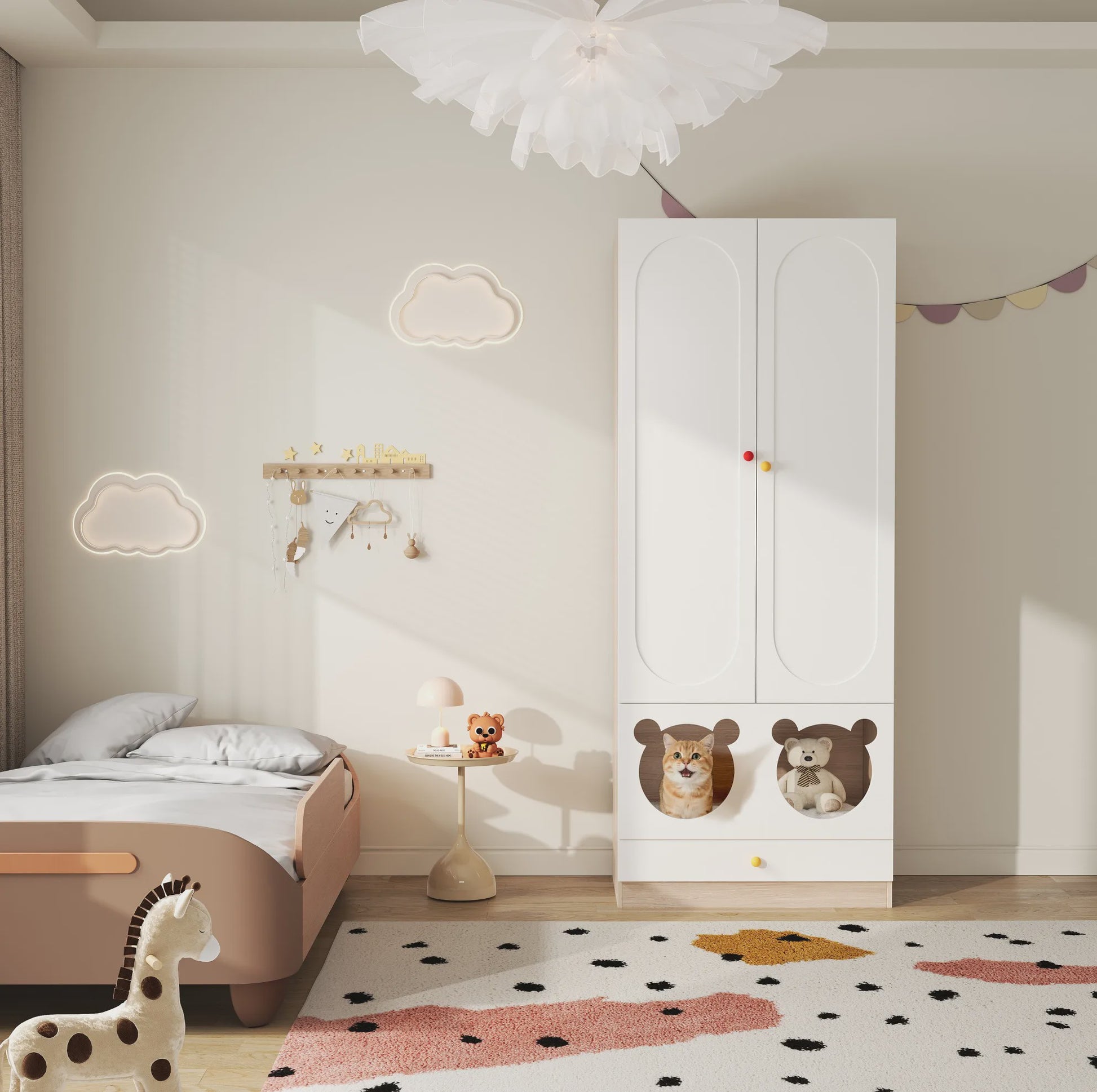 Kinder Kledingkast met Kattenmandjes - Wit & Natuurlijk Hout - 80x50x200 cm