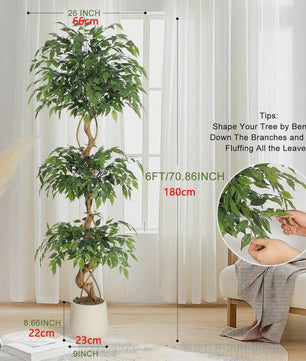 Kunst Ficus Boom met Gebogen Stam en Witte Pot - Realistische Zijde Plant voor Binnen & Buiten