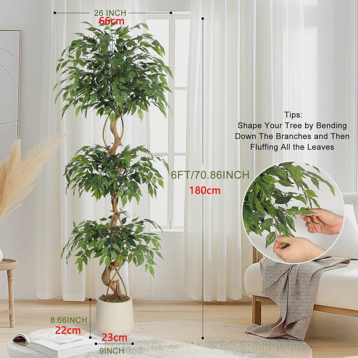 Kunst Ficus Boom met Gebogen Stam en Witte Pot - Realistische Zijde Plant voor Binnen & Buiten