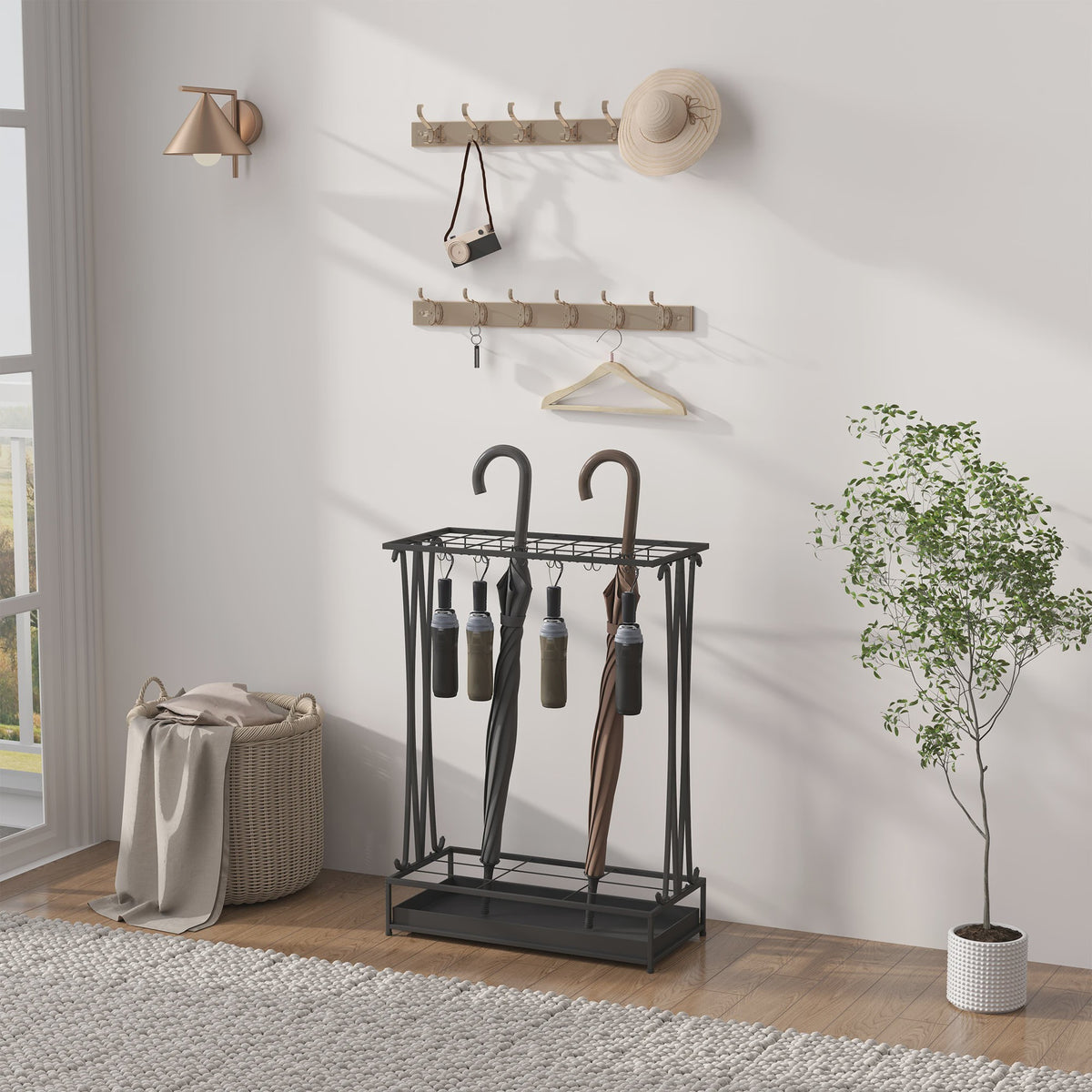 Stijlvolle Paraplustandaard met 24 Haken en Afneembare Drip Tray