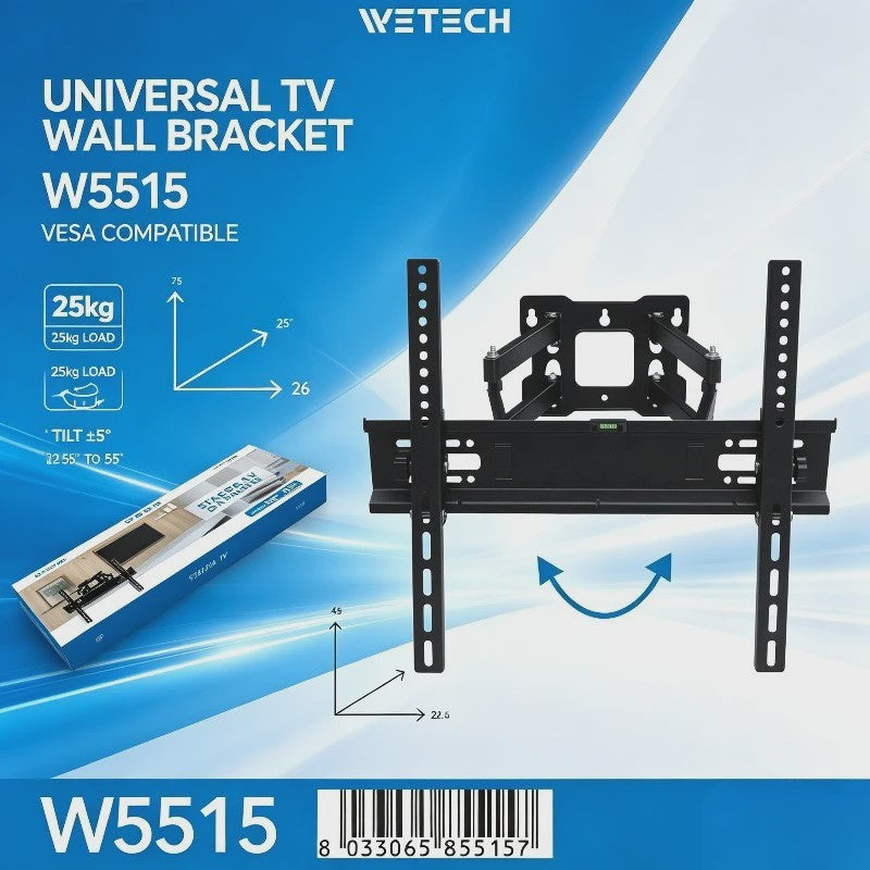 WETECH W5515 TV Muurbeugel: Volledig Beweegbaar voor 26-55 Inch TV's, 25kg Draagkracht, Kantelbaar & VESA Compatibel