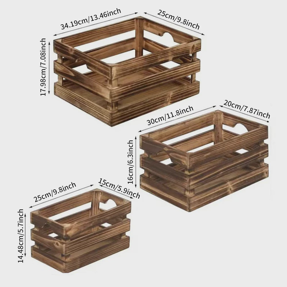 Set van 3 Rustieke Houten Opbergkratten - Nestbaar, Met Handvat