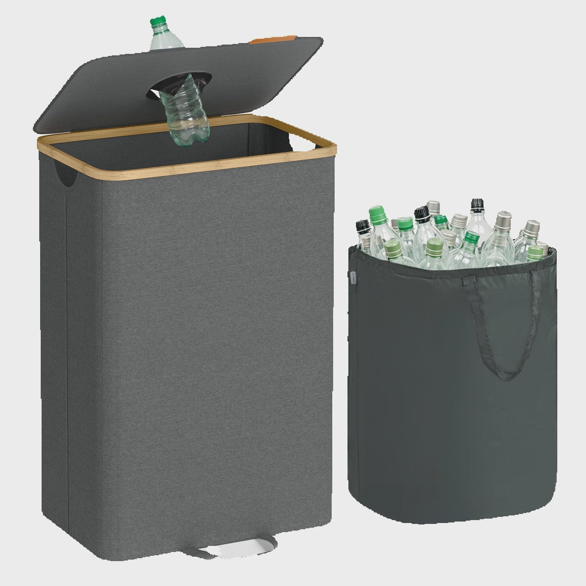 SONGMICS 100L Recycle Container met Deksel en Binnenzak - Grijze Flessenverzamelaar voor de Keuken