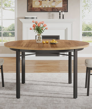 Ronde Eettafel 118cm - Rustiek Bruin & Zwart - Farmhouse Keukentafel met Metalen Poten
