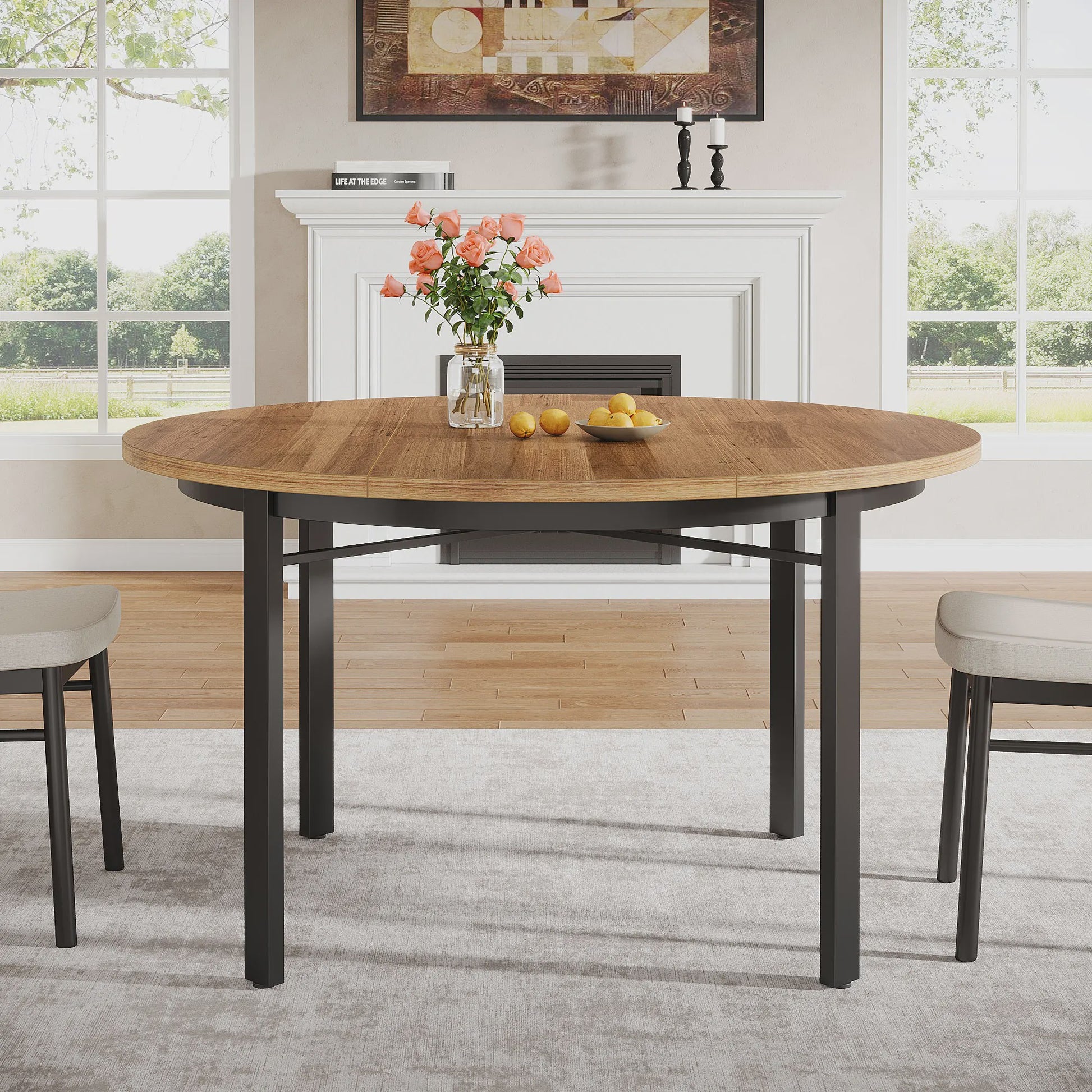 Ronde Eettafel 118cm - Rustiek Bruin & Zwart - Farmhouse Keukentafel met Metalen Poten