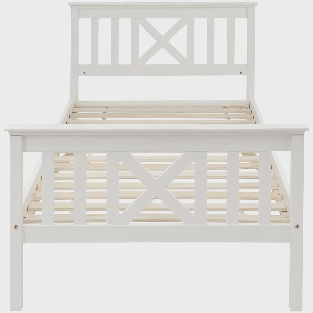 Massief Houten Eenpersoonsbed 90x200 cm met Lattenbodem en Hoofdbord - Wit Grenen