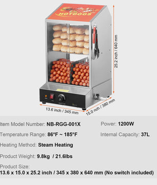 Professionele Hotdog Stoomoven & Broodjeswarmer - 36L, 2 Etages, Temperatuurregeling