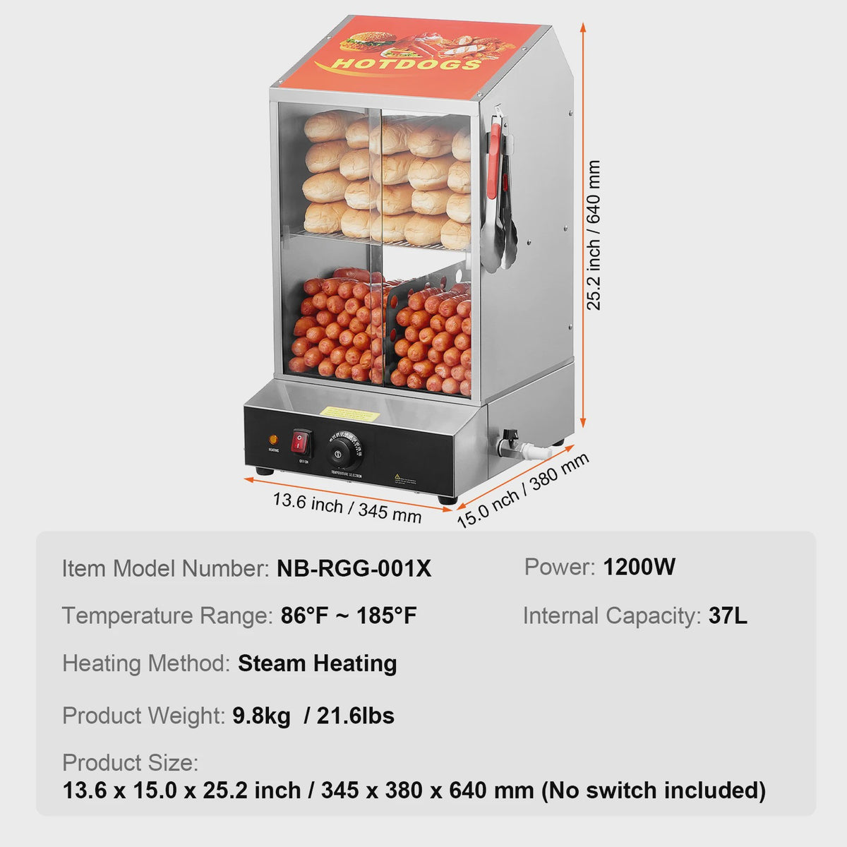 Professionele Hotdog Stoomoven & Broodjeswarmer - 36L, 2 Etages, Temperatuurregeling