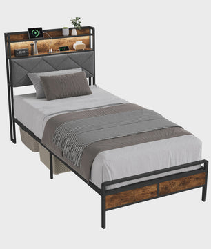 Modern Metalen Bed 90x200cm met LED Verlichting, Opbergkopstuk en USB-poorten